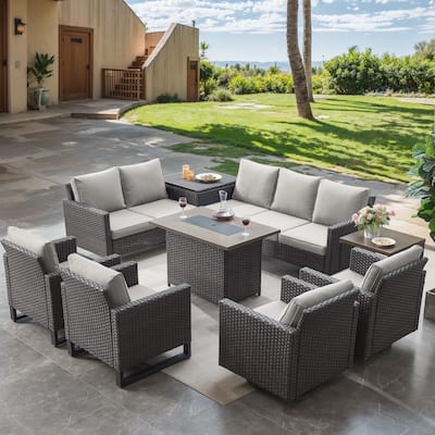 Fire Pit Table with Outdoor Glider Chair Sofa Table - Beige cushion - Brown
