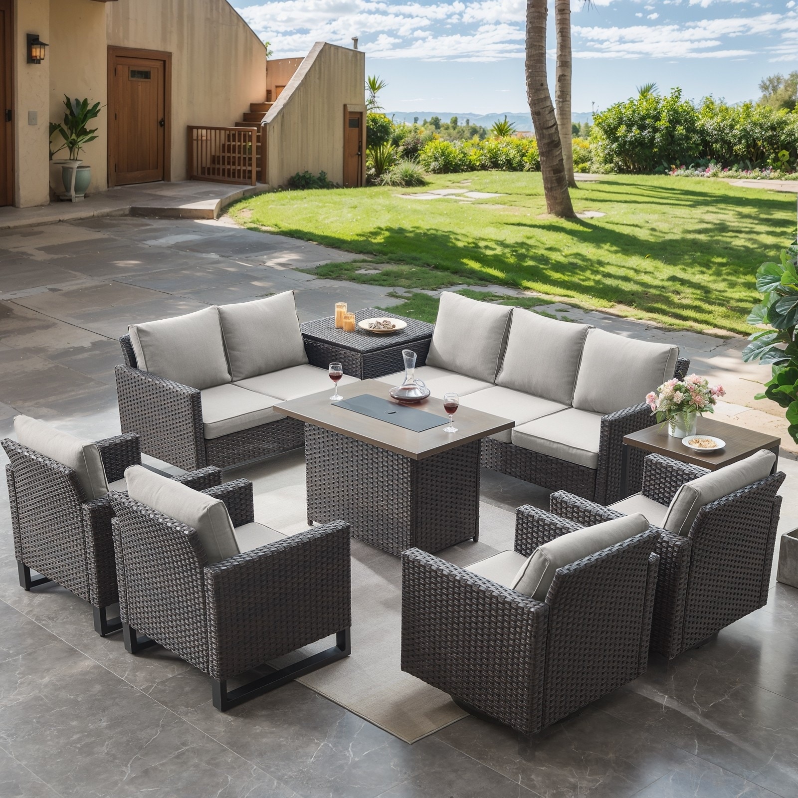 Fire Pit Table with Outdoor Glider Chair Sofa Table - Beige cushion - Brown