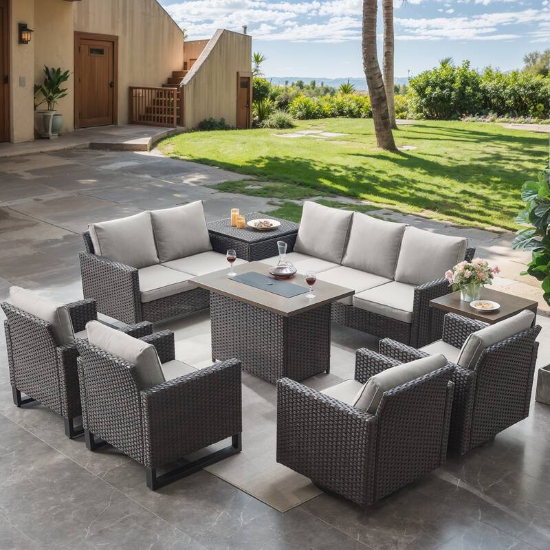 Outdoor Fire Pit Conversation Sofa Sets with Storage Table - Beige - Brown