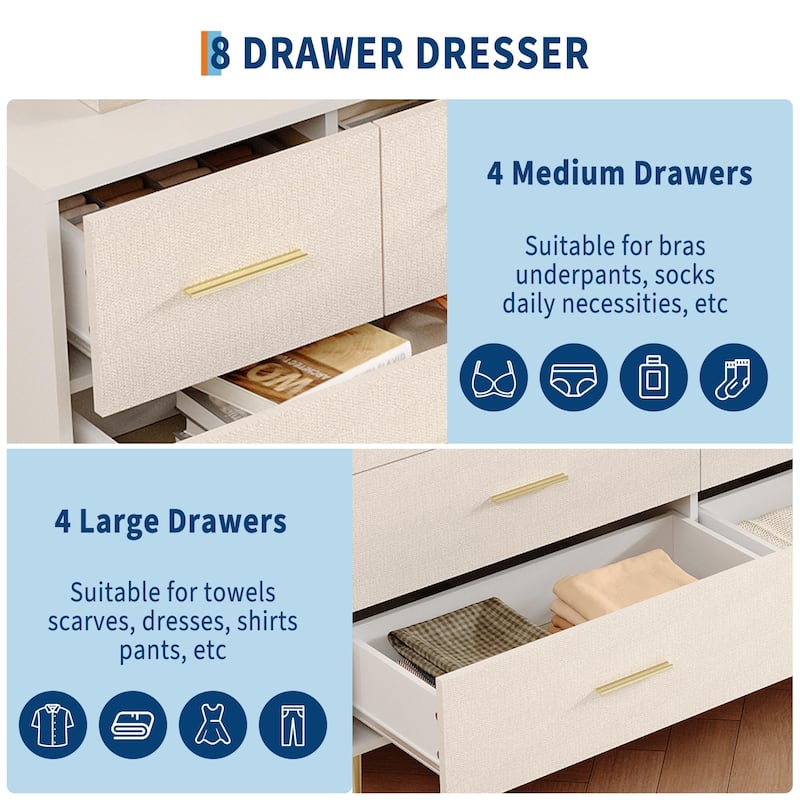 3/5/6/7/8 Drawer Dresser for Bedroom, Modern Wooden Chest of Drawers with Gold Handles
