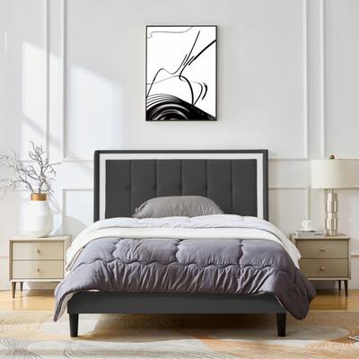 Queen Size Upholstered platform bed frame with headboard, dark gray