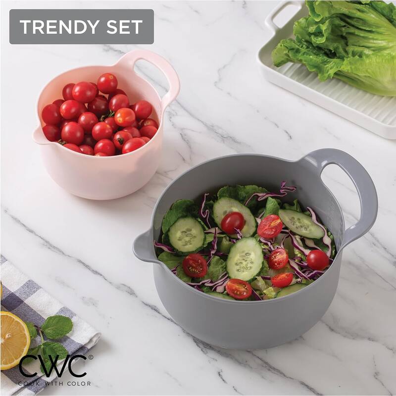 COOK WITH COLOR Nesting Plastic Mixing Bowl Set with Pour Spouts and Handles, Pink, 4 Piece Non-Slip
