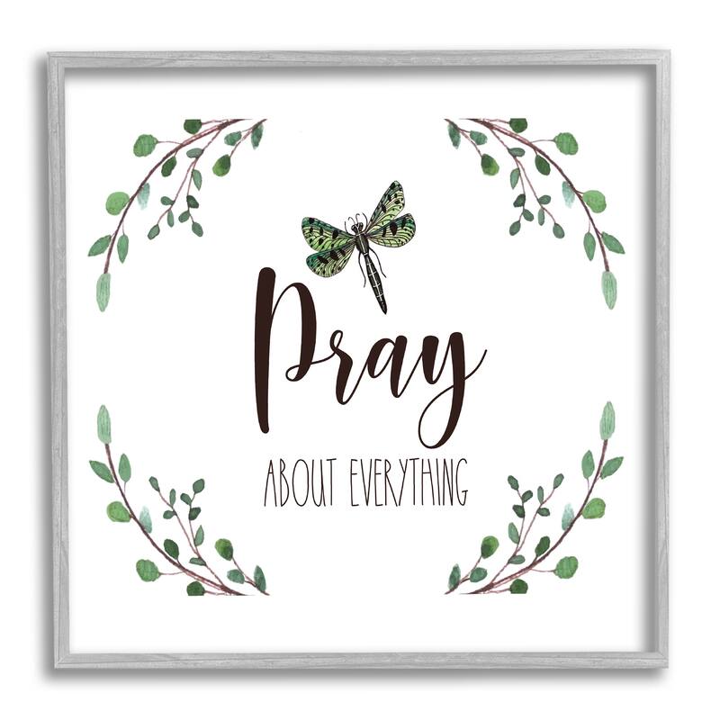 Stupell Pray About Everything Dragonfly Insect Laurel Branch Crown Framed Wall Art, Design by Elizabeth Tyndall - White