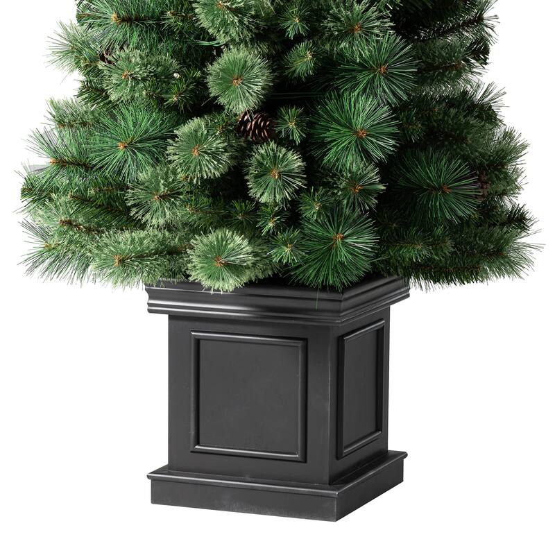 Glitzhome 5ft/6ft/7ft Pre-Lit Green Pine Christmas Potted Porch Tree with LED Lights and Remote Control