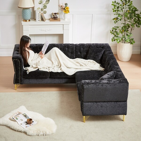 Black Chenille 5 Seat Corner Sofa Recliner L Shaped Sectional Couch