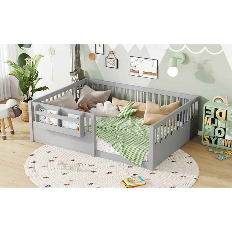Roomfitters Floor Bed with Bookshelf and Heightened Fence, Solid Wood Frame with Guardrails