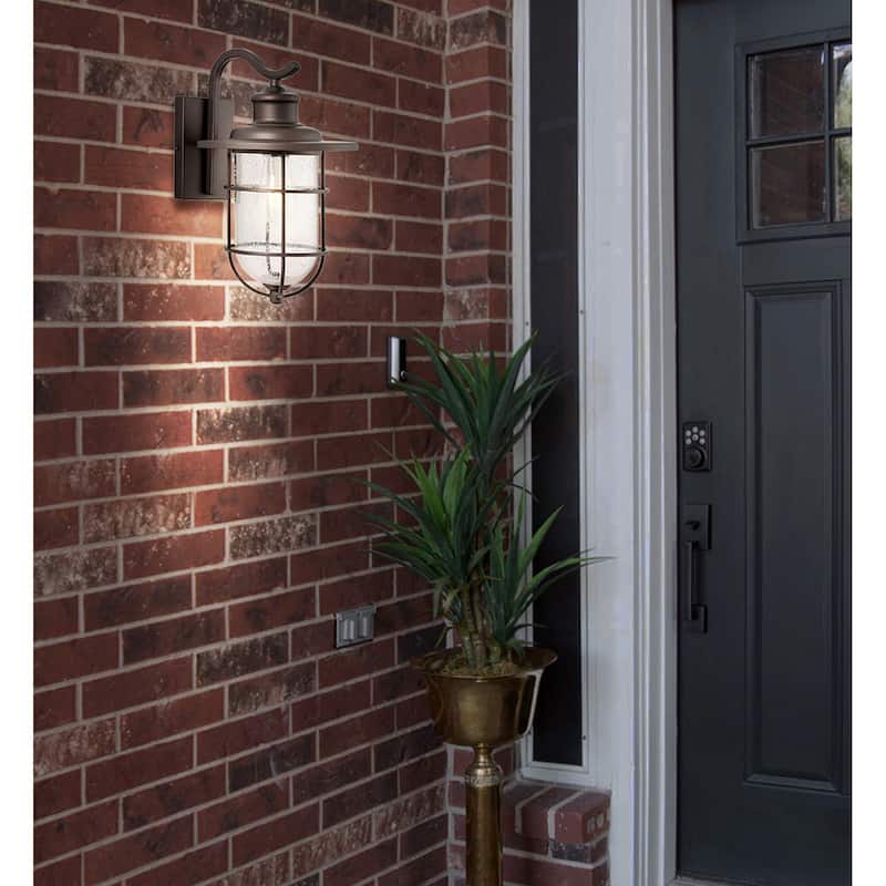 Marais 10.5" 1-Light Iron/Seeded Glass Rustic Industrial Cage LED Outdoor Lantern, Oil Rubbed Bronze by JONATHAN Y