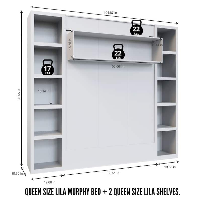 Easy-Lift Queen Murphy Wall Bed in with Two Bookshelves