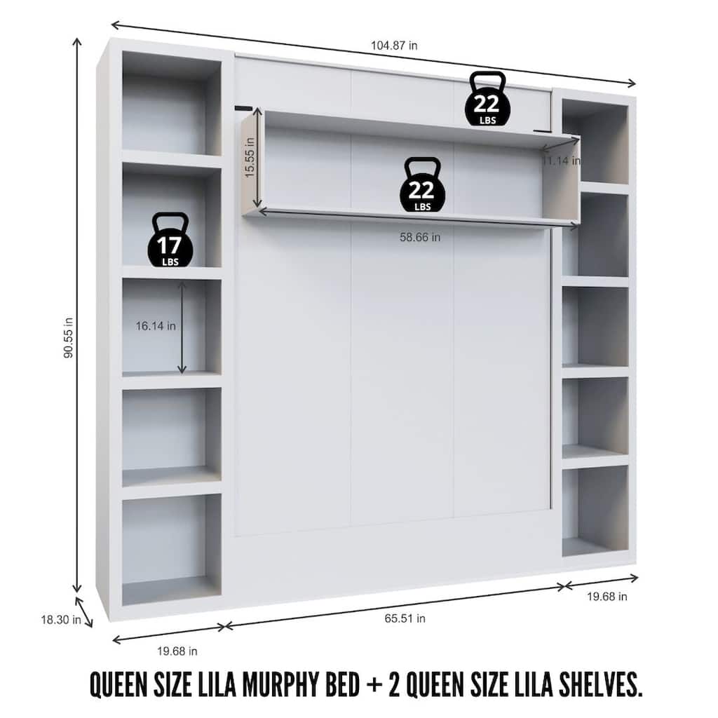 Easy-Lift Queen Murphy Wall Bed in with Two Bookshelves