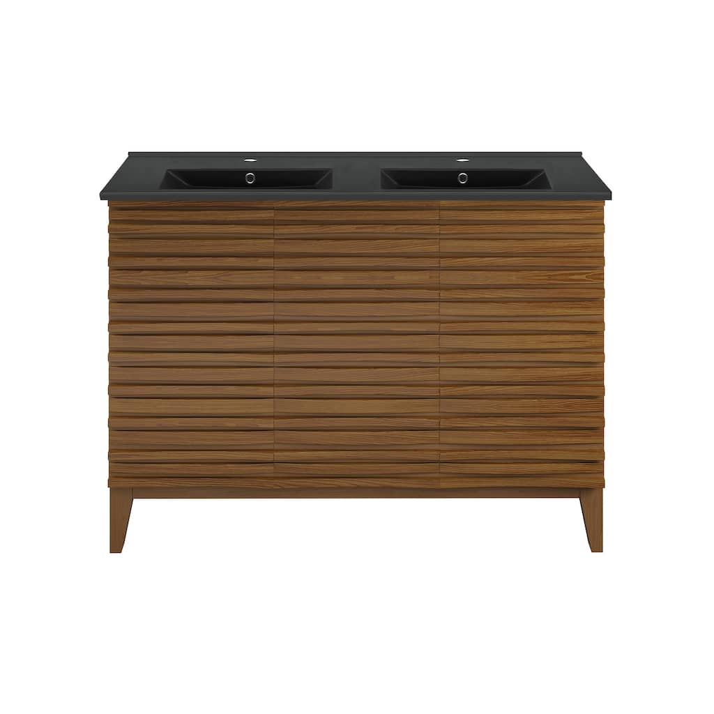 Cascade 48 In. Brown Oak, Double Basin Bathroom Vanity With Black Ceramic Sink Top