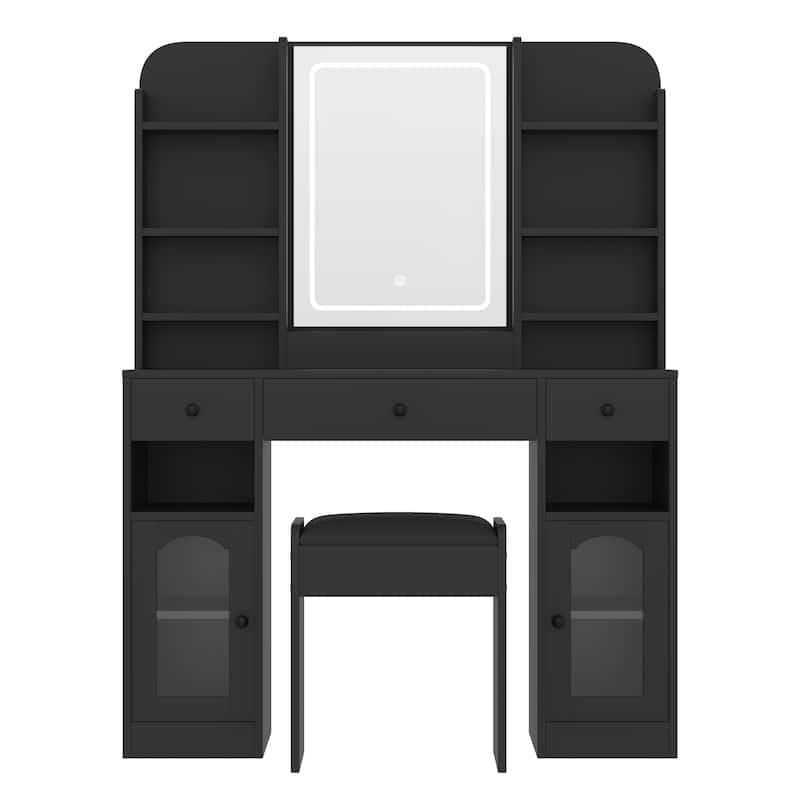 43" Glass Top Vanity Desk with LED Mirror & Stool, Modern Makeup Table with RGB Light Cabinets & 3 Drawers