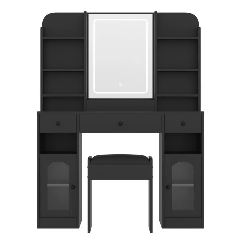 Glass Top Make-up Vanity Set with Stool & Charging Station, LED Makeup Mirror with 3 Lighting Modes