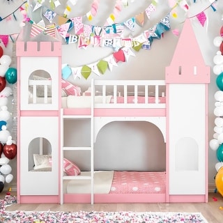 Twin Over Twin Castle Bunk Bed with Ladder,Versatile Floor BedEasy to Assemble