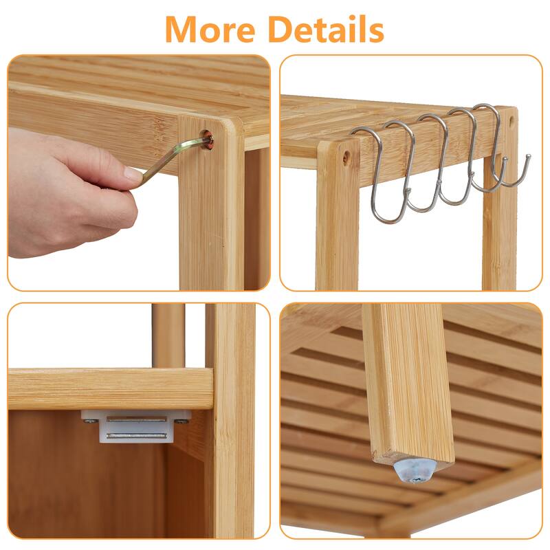 Bathroom Cabinet w/ 5 Hooks, Multifunctional Bamboo Storage Organizer w/ Door and Shelf, Free Standing Kitchen Cupboard