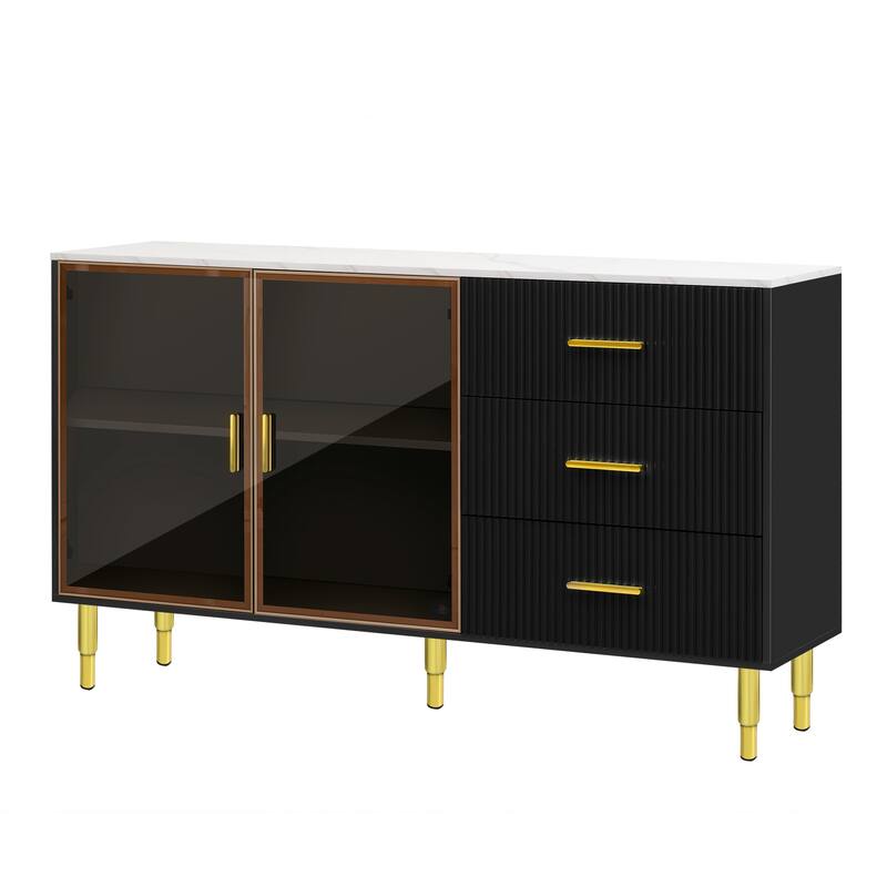 Luxury Storage Cabinet with Marble Finish, Gold Legs & Tempered Glass Doors for Modern Living Spaces