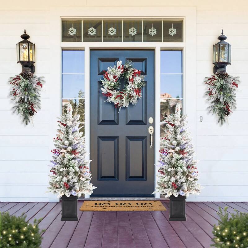 Glitzhome Artificial Christmas 5-Piece Set, 4ft Snow Flocked Artificial Potted Trees, Pinecone Berry Wreath and Teardrops