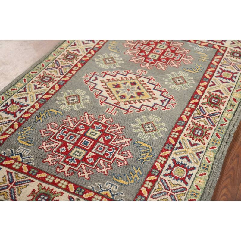 Geometric Kazak Foyer Rug Handmade Grey Wool Handmade Wool Carpet - 2'8" x 4'2"