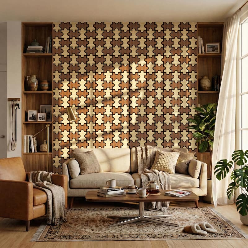 23.6" x 23.6" Puzzle Slat Acoustic Wall Panels for Ceiling and Wall Decor, 4-Pack (15 sq ft) - Walnut＆Oak