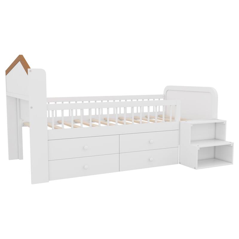 Wooden Twin Size Low Loft Bed with House Shape Headboard Built-in LED Lights, Kids Storage Bed with Drawers and Storage Stairs
