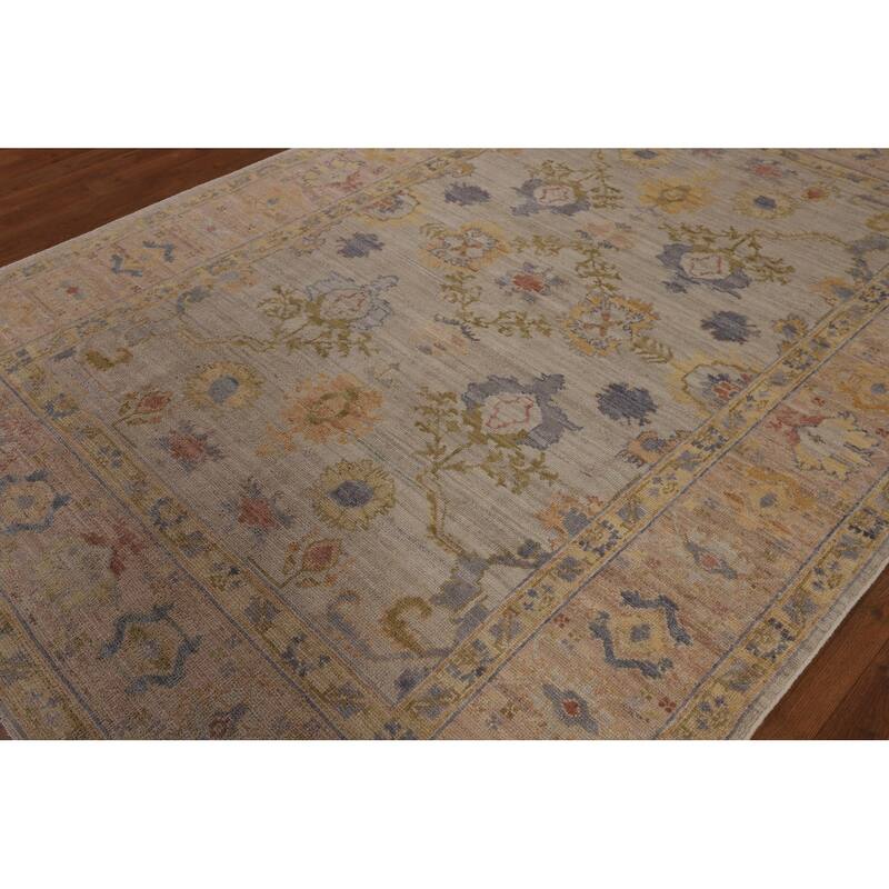 Oushak Turkish Vegetable Dye Area Rug Handmade Beige Wool Carpet - 6'2"x 8'10"