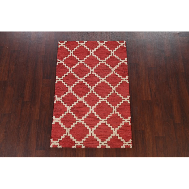 Red Trellis Contemporary Oriental Area Rug Hand-tufted Wool Carpet - 3'0" x 5'0"