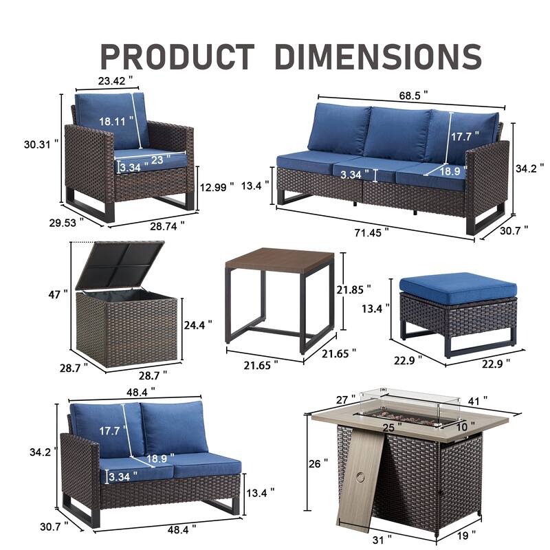 Gymojoy 7-9 Person All-Weather Wicker Outdoor Conversation Set Seating Group With Fire Pit Table