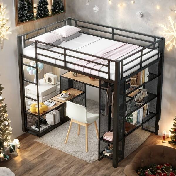 slide 2 of 11, Metal Full Size Loft Bed with Storage Wardrobe and Desk and Shleves,Kids Bed Design Black