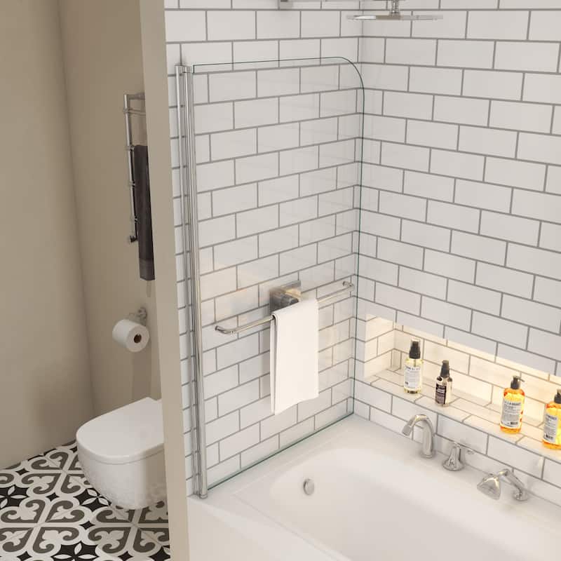 Modland Bathtub Pivot Shower Screen, 180 Swing, 1/4" Tempered Glass & Towel Bar, Chrome/Matte Black - 34x58