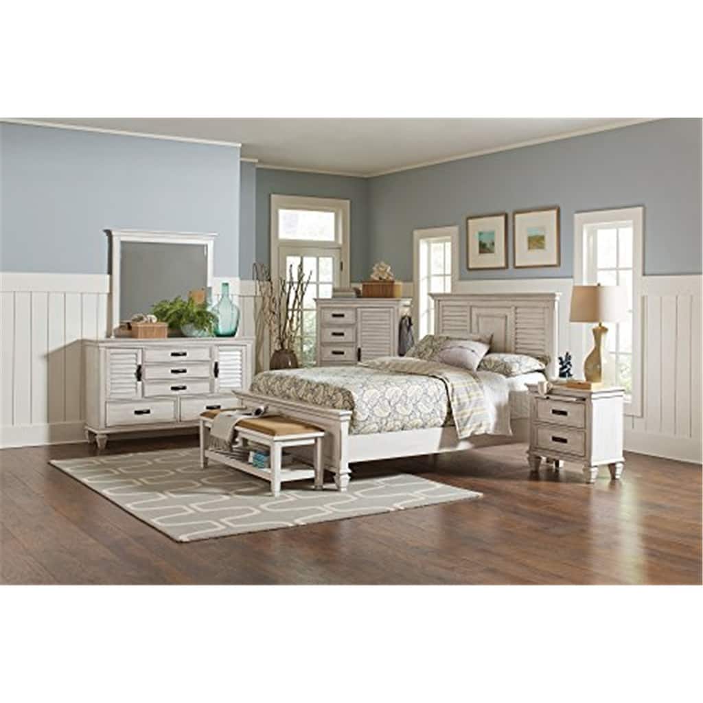 Queen Panel Bed - Rustic White Wood Bed Frame, Tall Headboard, Slatted Design, 88.25 Inch Length