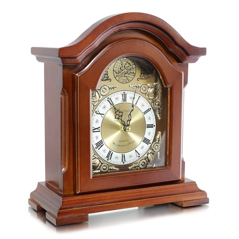 Traditional Redwood Mantel Clock With Gilded Details