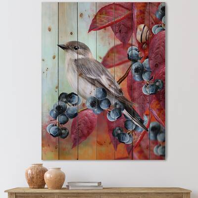 Designart 'Little Gray Bird On Red Autumn On Blueberry Twig' Traditional Print on Natural Pine Wood