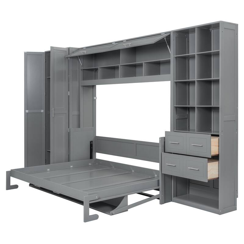 Queen Size Murphy Bed Wall Bed with Closet , Drawers and Shelves
