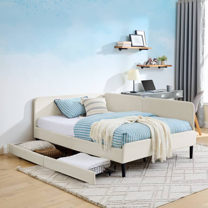 Full Size Upholstered Platform Bed Frame with 2 Storage Drawers, Adjustable Velvet Sofa Bed - Beige