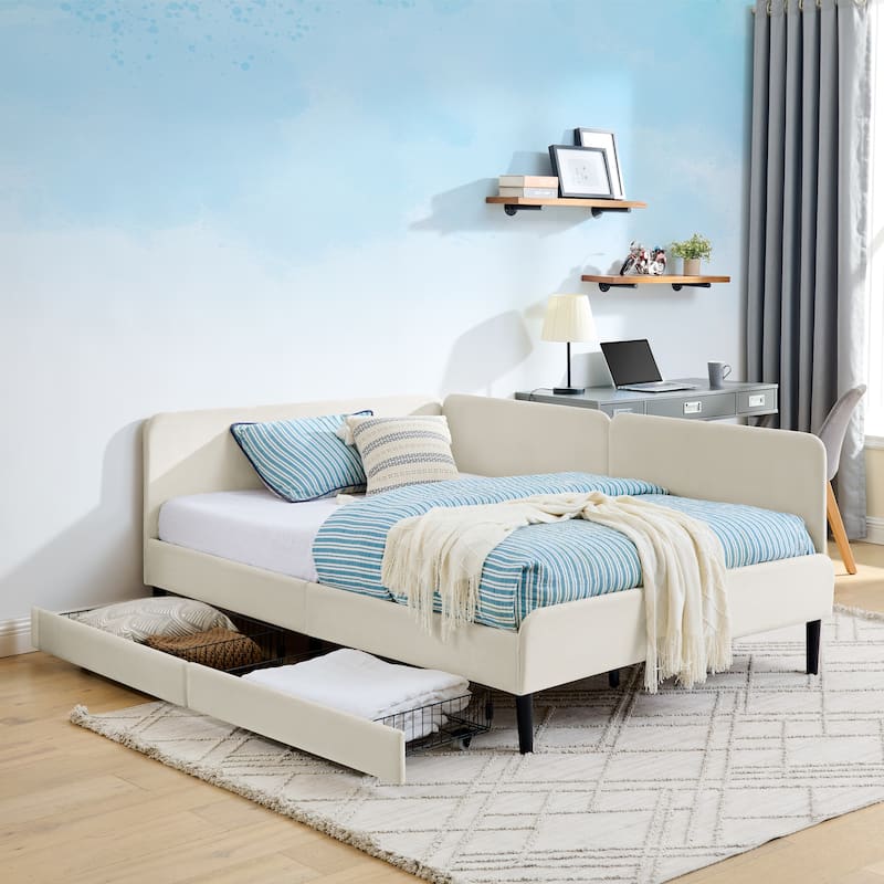 Roomfitters Twin/Full Upholstered Platform Bed with Side Backrest and Underbed Storage Trundle