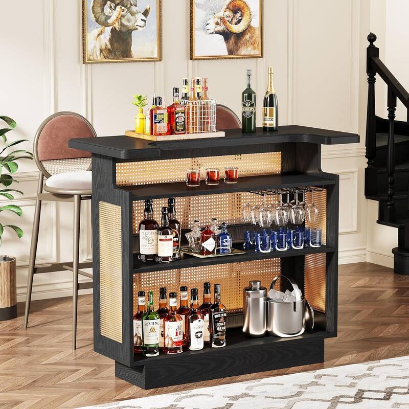Rattan Home Bar Unit, Farmhouse 4-Tier Bar Table with 4 Stemware Racks