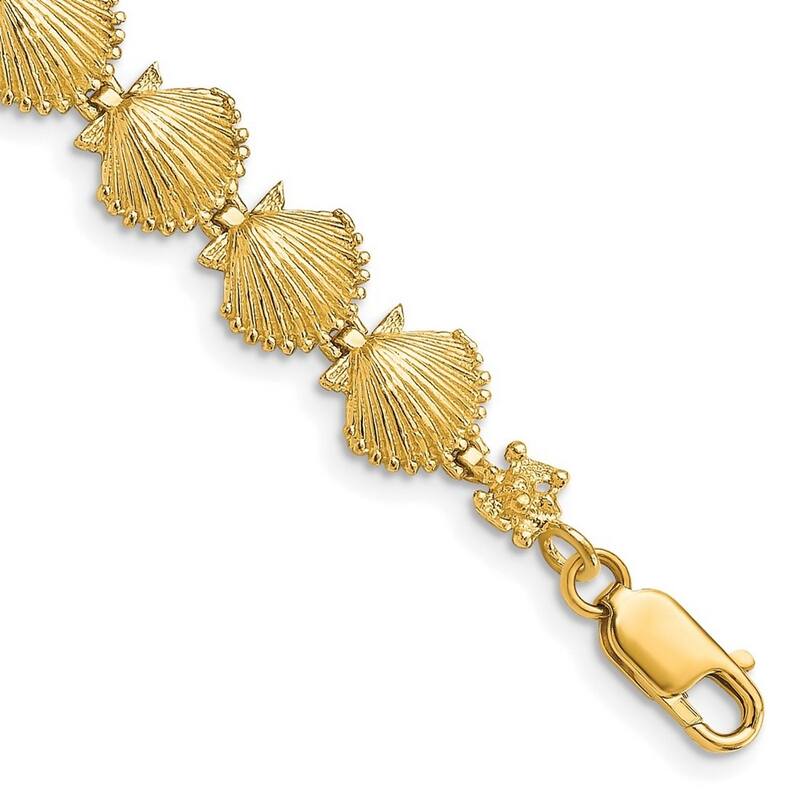 Curata 14k Gold Scallop Shell With Beaded Tips Link Bracelet 7.25 Inch