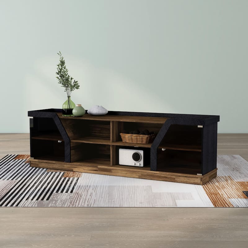 DH BASIC Modern Light Hickory 71-inch Multi-Storage TV Console with Black Tint Glass Cabinets by Denhour