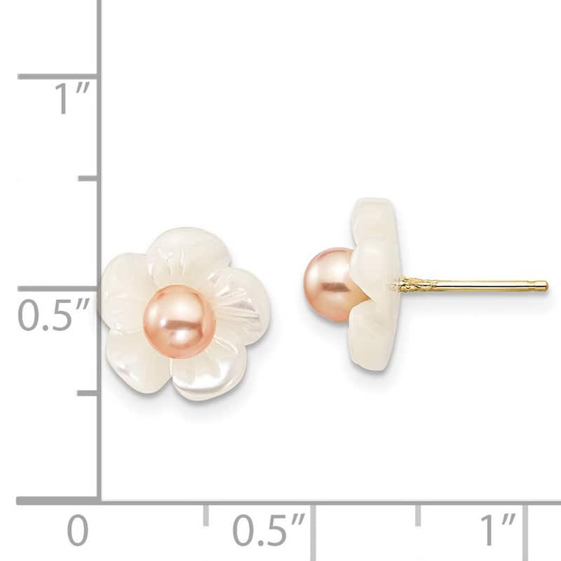 Curata 14k Yellow Gold 10mm 3-4mm Pink Freshwater Cultured Pearl Mother of Pearl Flower Earrings