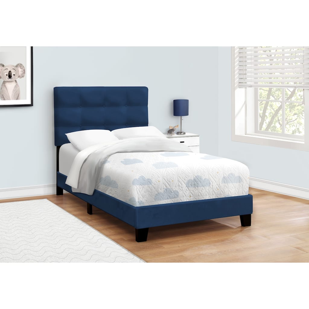 Twin Size Blue Velvet Upholstered Platform Bed Frame for Youth and Teen Bedrooms