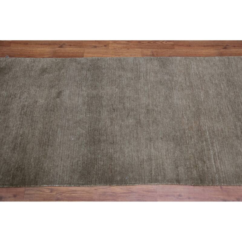 Hand Knotted Oriental 100% Wool Carpet Modern Solid Green Gabbeh Runner Rug - 8' 0'' X 2' 6''
