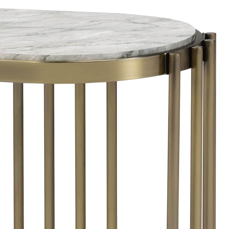 Roberts Glam Brass and White 42-inch Faux Marble 1-Shelf Drum Sofa Table by Furniture of America