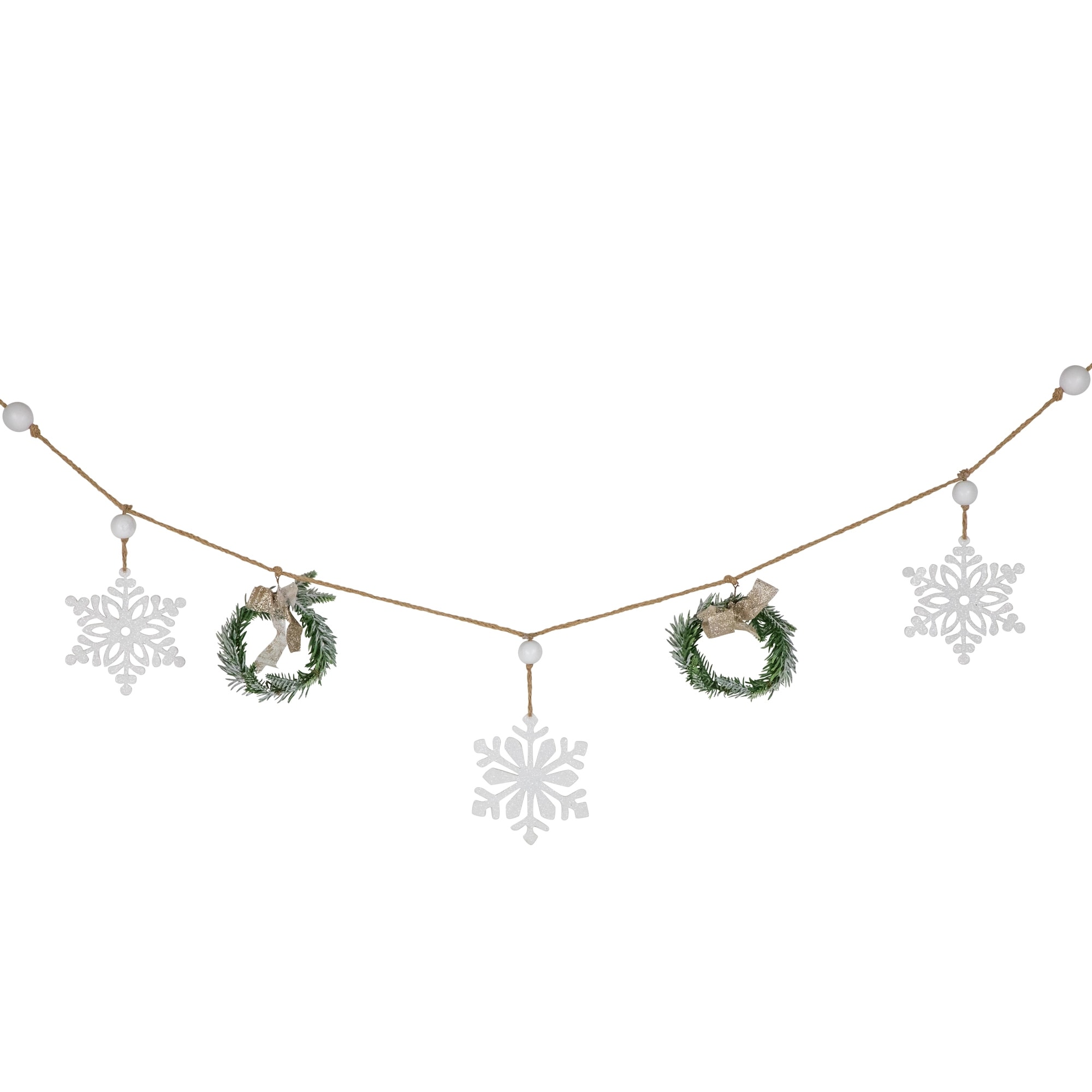 4.75" Snowflake Frosted Pine Christmas Garl with Wooden Beads - Unlit