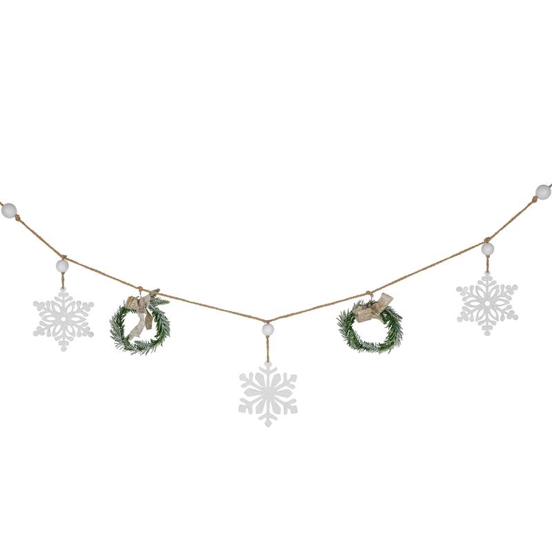 4.75" Snowflake and Frosted Pine Christmas Garland with Wooden Beads - Unlit