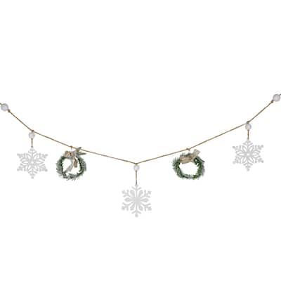 4.75" Snowflake and Frosted Pine Christmas Garland with Wooden Beads - Unlit