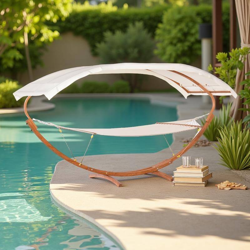Cotton Hammock with Wooden Stand and Includes Sun Shade Canopy, 396lb Capacity Boho Outdoor Bed - White