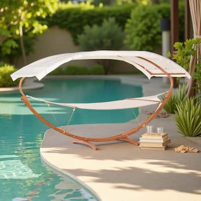 Cotton Hammock with Wooden Stand and Includes Sun Shade Canopy, 396lb Capacity Boho Outdoor Bed