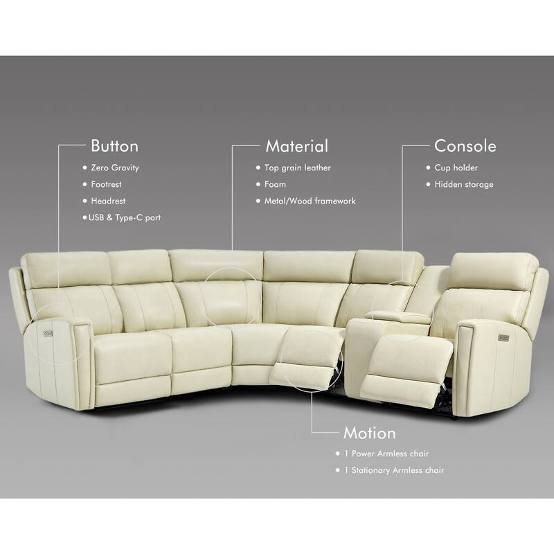 104" W 6 Seater Genuine Leather Power Sectional Sofa and Recliner Set with Dual Power, Zero Gravity, 1 Power Armlesschair