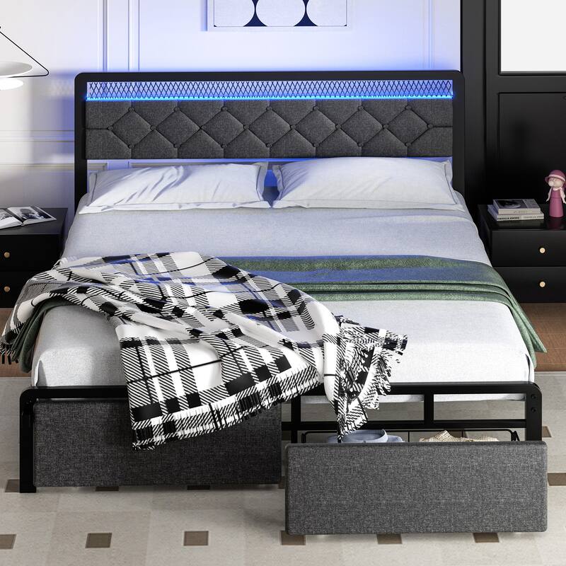 Full & Queen Bed Frame with LED Light Headboard and Storage Drawers - Queen