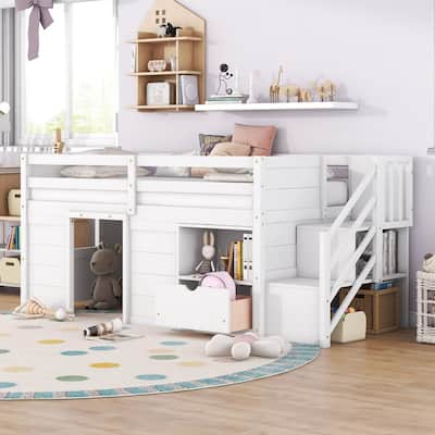 Twin Size Low Loft Bed with Bookshelf, Drawer and Staircase