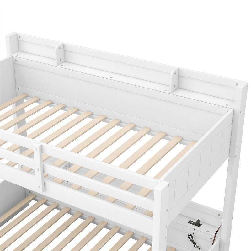 Twin over Full Bunk Bed with Storage Shelves, LED Light and a Drawer, Solid Wood Bunk Bedframe with USB Charging Station